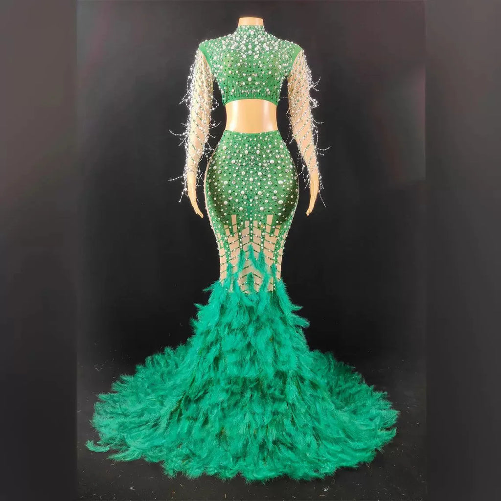 Luxury Pearl Sequins Mermaid Dress Women Ball Gown Wedding Dress Fashion Feather Shining Rhinestone Party Dress