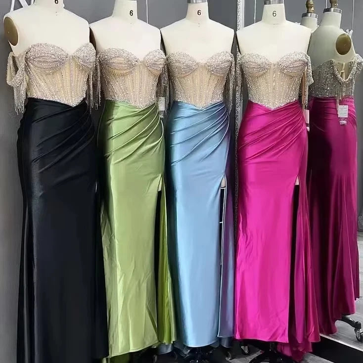 Sexy Evening Dress Off Shoulder With Tassel Elegant Beaded  Long Prom Dress