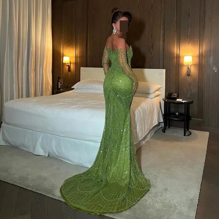 Green Strapless 2024 Mermaid Evening Dresses Formal Party Gowns With Gloves for Women Wedding Gowns