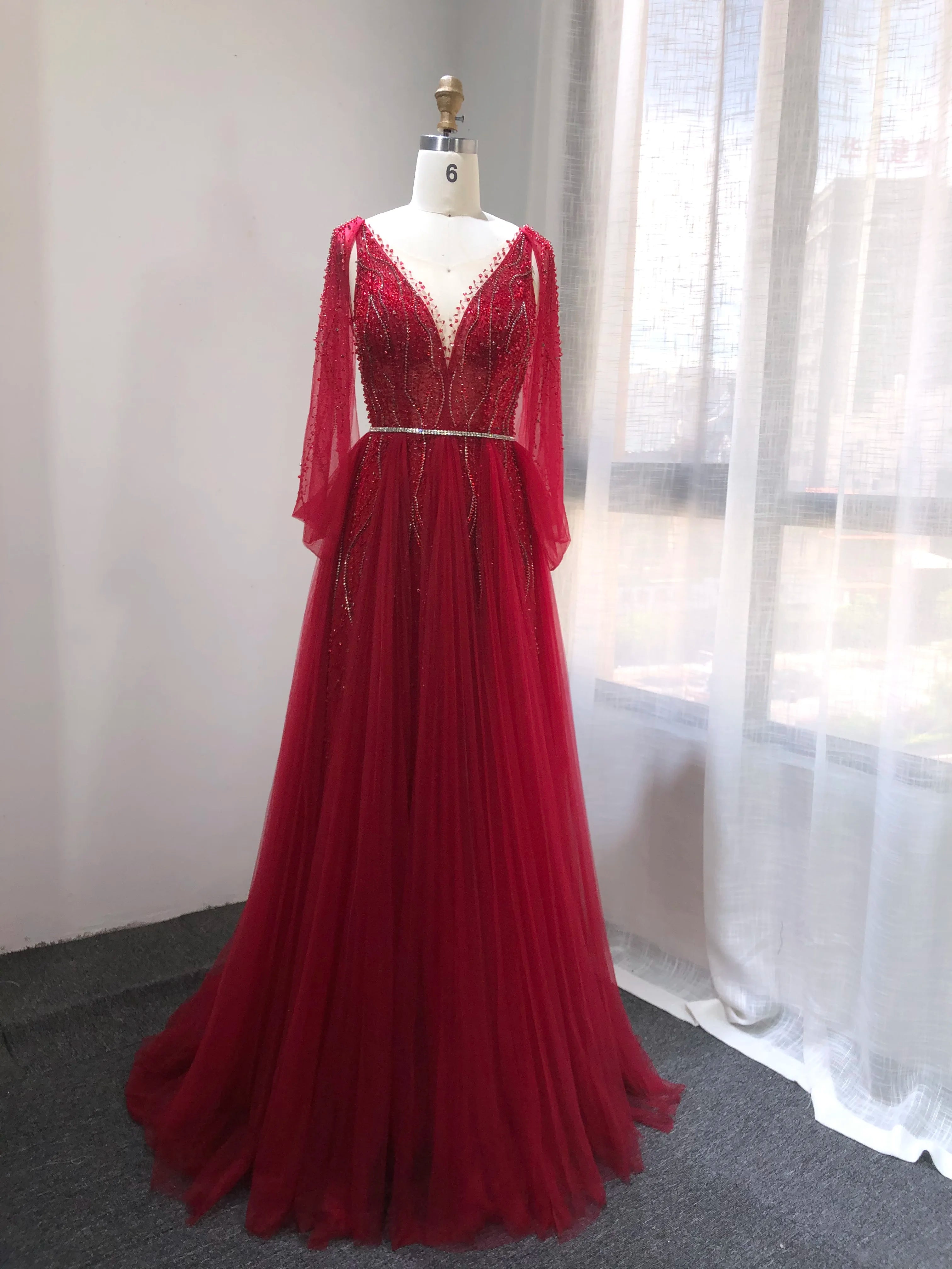 New 2021 Elegant Muslim Beaded a Line Luxury Evening Dresses V Neck Long Party Gowns