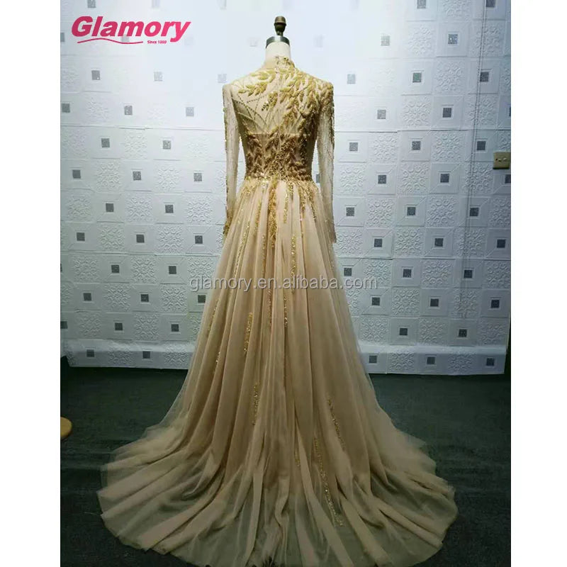 New Arrival Gold High Neck Long Sleeve Luxury Handmade Beading Evening Dress