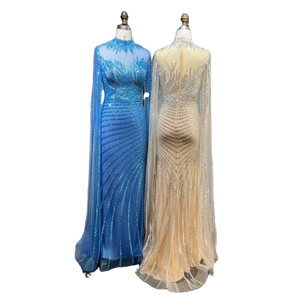 Luxury Dubai Beaded Lace Cape Sleeves Mermaid Evening Gown for Women Wedding Party Dresses