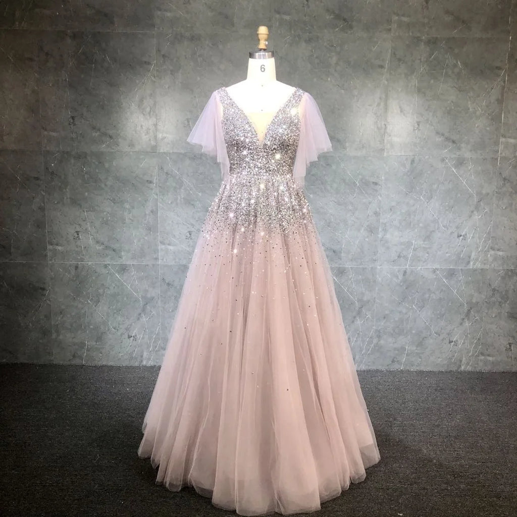 2021 New Design Pink Short Sleeve  a Line Beads Evening Sparkle Prom Dress Gowns