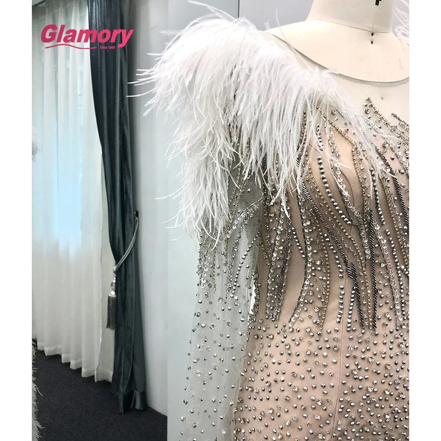 One Shoulder Tirkish Evening Champagne Muslim Prom Dress With Beaded Feather Ball Gown Dresses