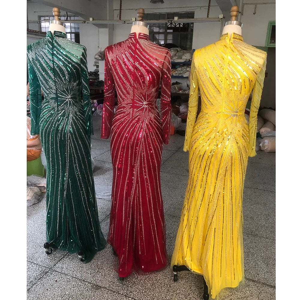 NEW 2022 Long Sleeves Evening Dresses Muslim Beaded Mermaid Real Picture Dinner Party Gowns