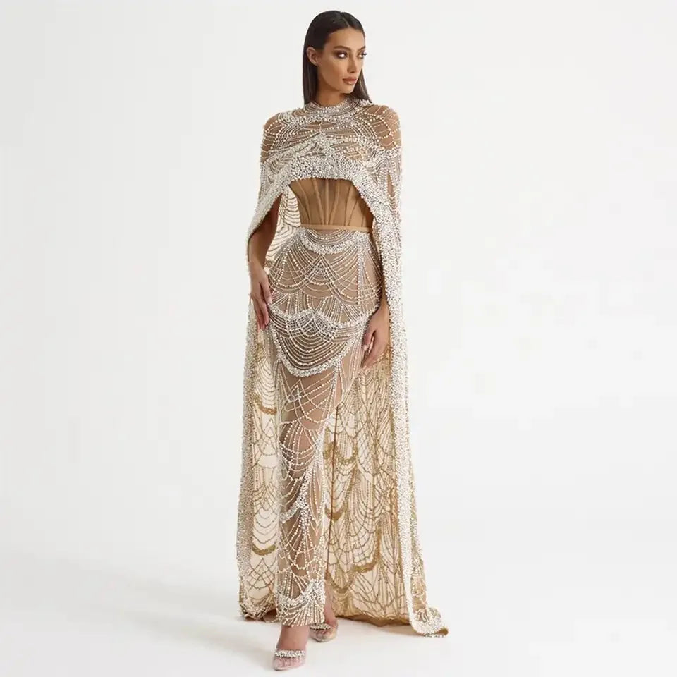 Luxury Dubai Evening Dresses With Cape Heavy Pearls Formal Occasion Dresses for Women Arabic Wedding Party Gowns