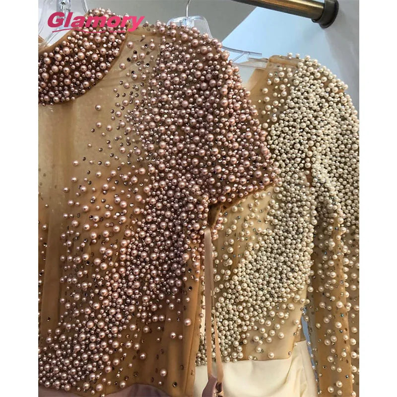 2020 New Women's Long Sleeve Vestido De Novia Pearl Split Wrapped Evening Dress O Neck African Women Formal Gowns