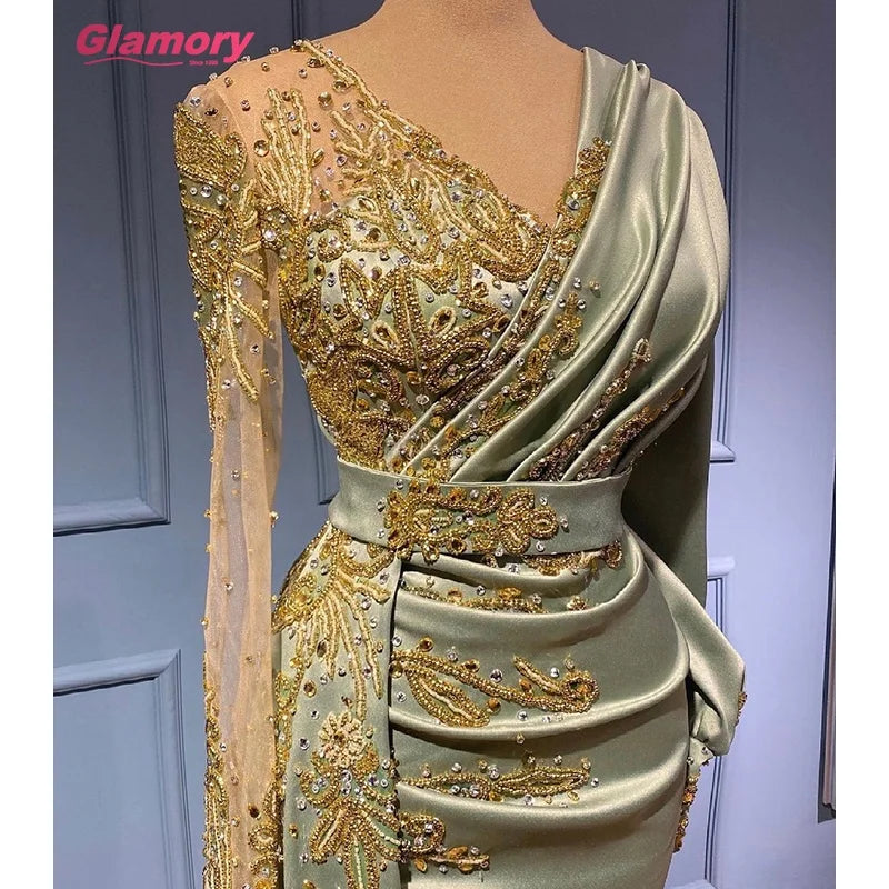New Custom Luxury  Beading With Pleated V-neck Women Party Dresses Sexy Satin Evening Dresses