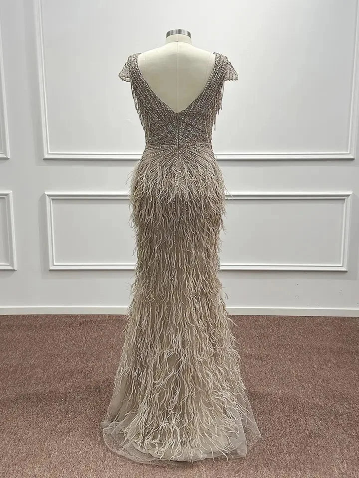 Luxury Dubai Champagne Feathers Evening Dress Mermaid Prom Formal Dress for Women Wedding Party Gown