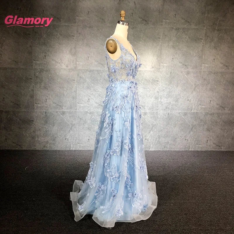 Latest Design V-neck 3D Flower Appliques A-Line Prom Dress Women Party Dresses Prom Gowns