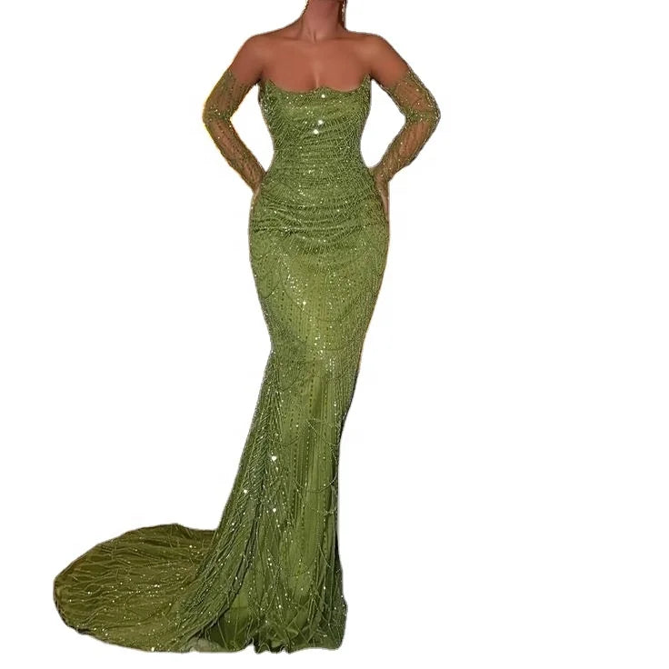 Green Strapless 2024 Mermaid Evening Dresses Formal Party Gowns With Gloves for Women Wedding Gowns