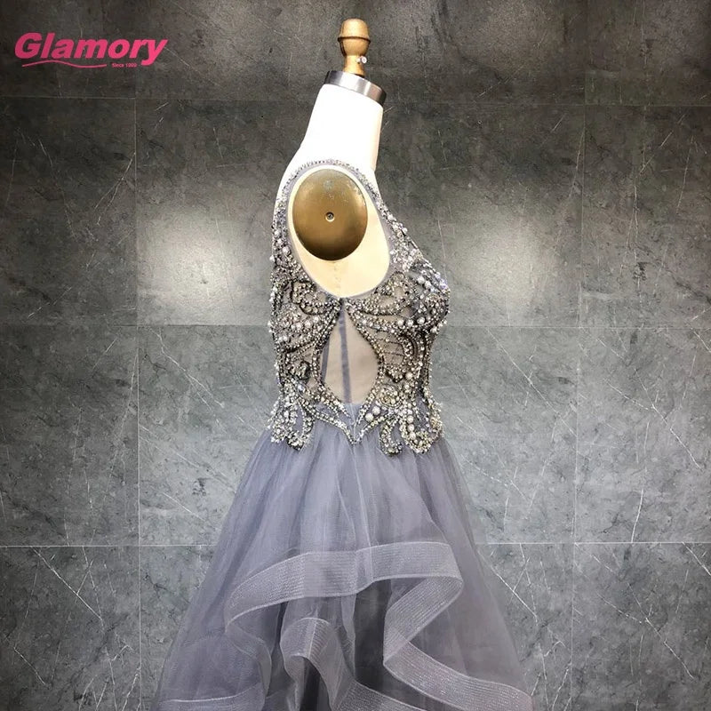 Gray Deep V-neck Puffy Evening Dresses Long Seductive Tulle Beading Prom for Women