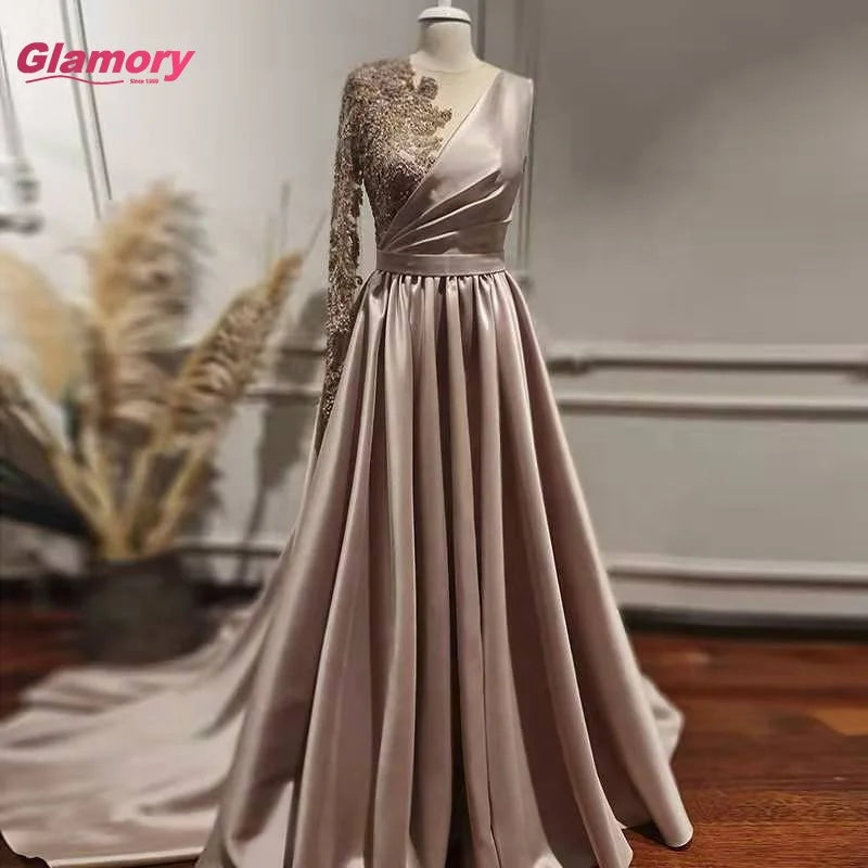 2021 New Designs Lady Party Plus Size Full Sleeve Floor-length Gray Pleat Satin Evening Dresses