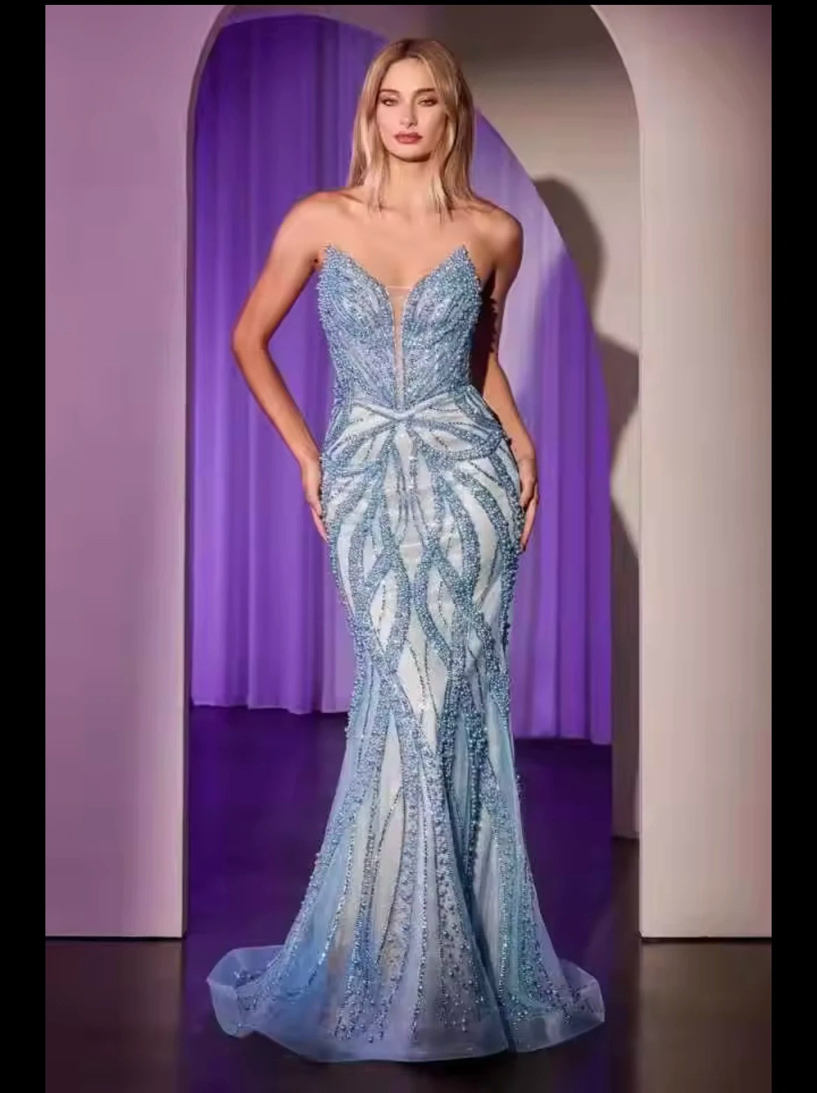 New Arrivals Ladies' Long Floor-Length Prom Dress Blue Sleeveless Beading Natural Waistline Breathable Party Style