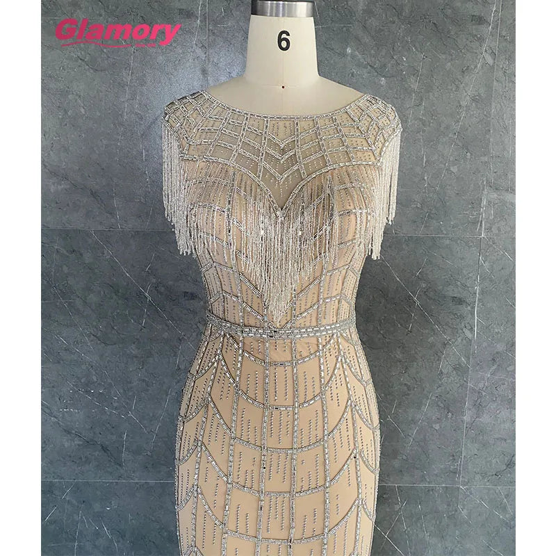 2020 New Arrival Heavy Beaded Rose Gold Mermaid Fashion Crystal Tassel Formal Evening Dress