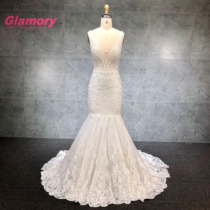 Sexy V-Neck Mermaid Bridal Gowns Heavy Beaded Lace Appliques High Quality Wedding Dress for Bride