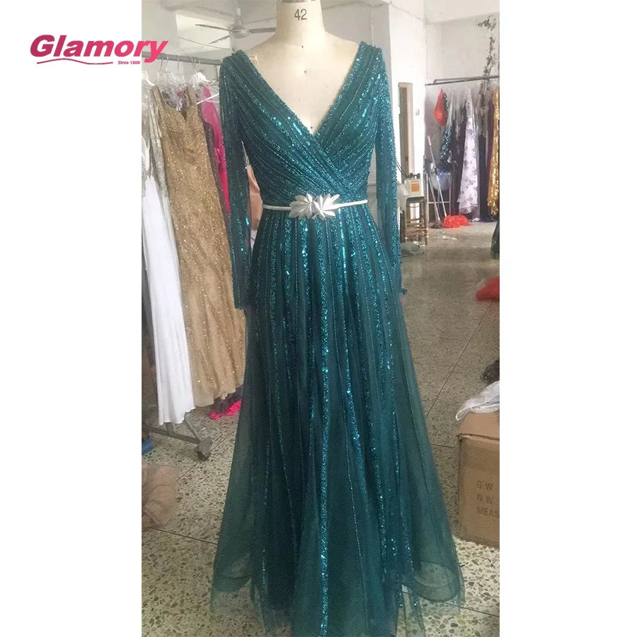 2021 Muslim Luxury Beaded Green V Neck a Line Full Sleeves Evening Party Long Gowns for Women