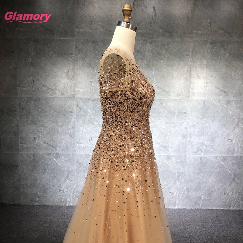 Crystal O-Neck  Beading Prom Short Sleeve Elegant Party Long Gold Evening Dress