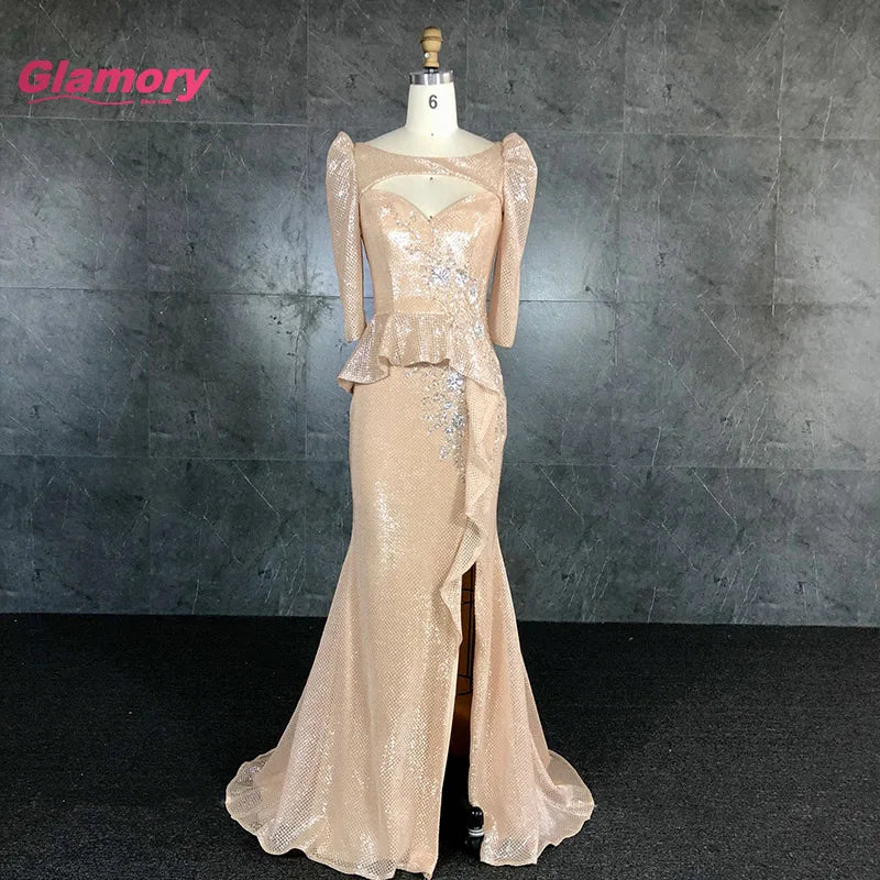 Wholesale Ladies Formal Long Sleeve Mermaid Champagne Prom Dress Sexy Open Leg Prom Dress