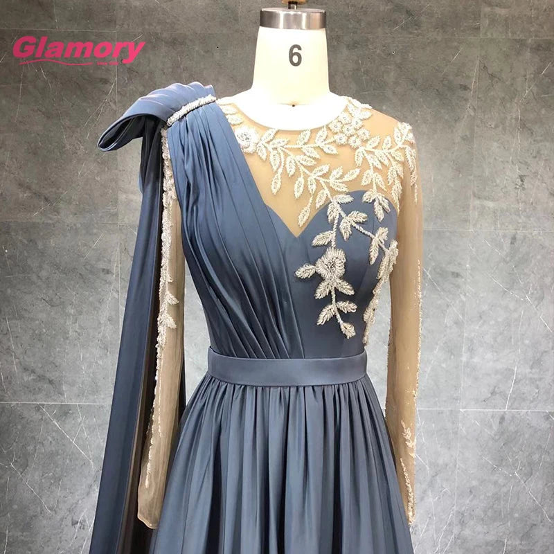 Morandi Blue Long Sleeves Chiffon Beaded Applique Shoulder Bow Shawl Sexy Evening Gown