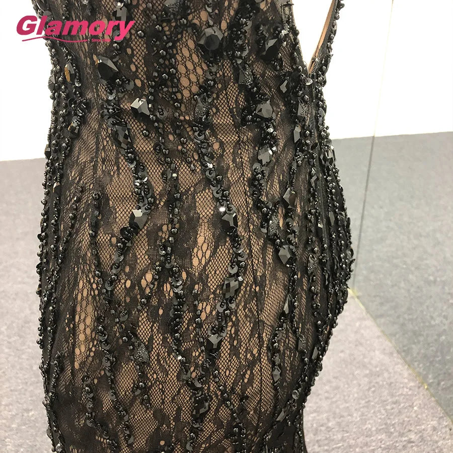 Black Long Patterns of Lace Low Backless Dress With Beads Mermaid Formal Evening Dresses