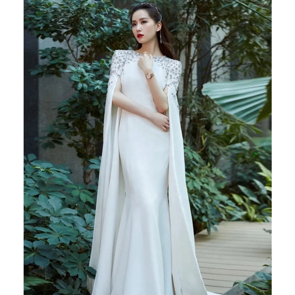 NEW White Mermaid Satin Evening Party Dresses Cape Sleeves Beaded Elegant Theater Opera Gowns for Women