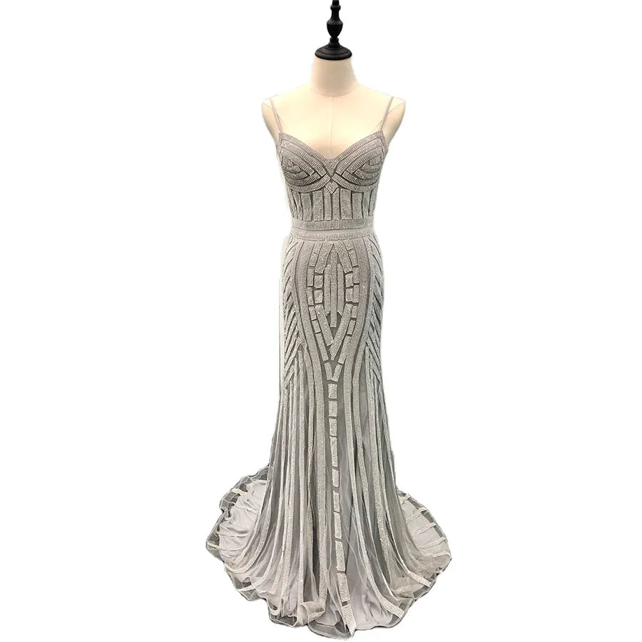 Luxury Shiny Rhinestone Dresses Sexy Bodycon Spaghetti Strap Prom Women Trumpet Mermaid Evening Dress