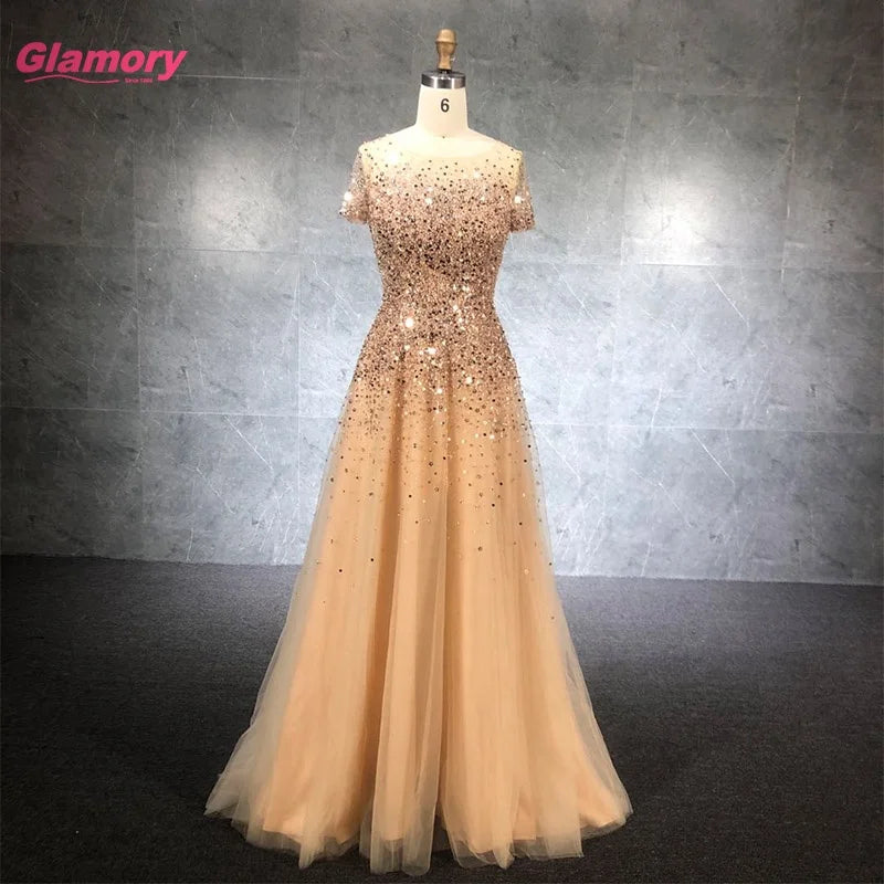 Crystal O-Neck  Beading Prom Short Sleeve Elegant Party Long Gold Evening Dress