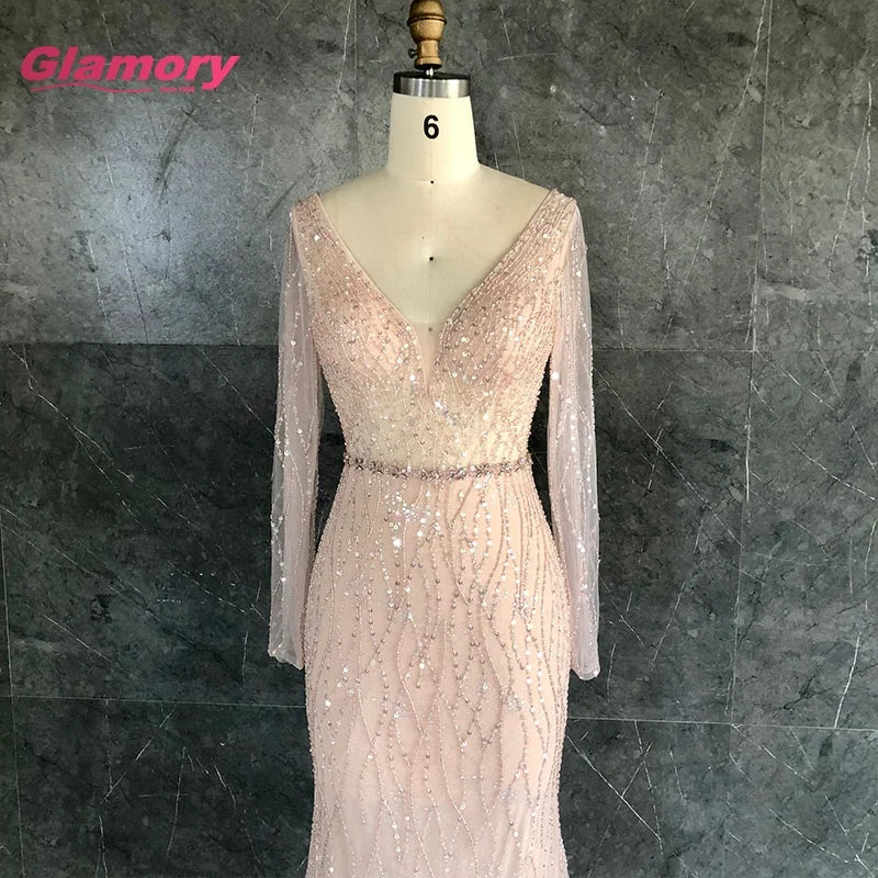 Hot Sale New Style 2020 Mermaid Custom Pink Sparkly Beaded Prom Sexy Deep V-neck Long Sleeve Girls Party Dress