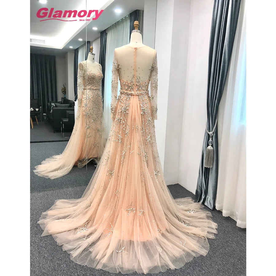 Rose Gold Long Sleeve Tirkish Dress With Stylish Beaded Evening Dresses Made in China