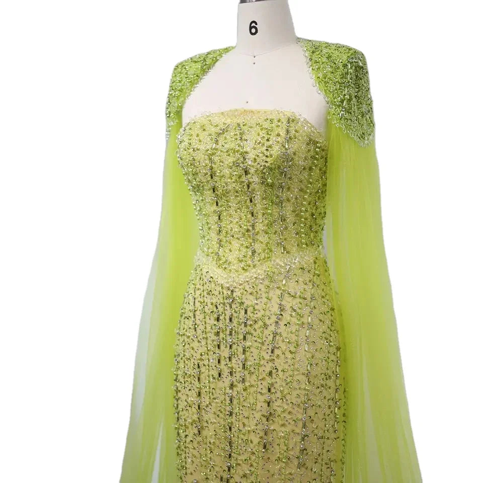 Luxury Beaded Mermaid Lime Green & Blue Evening Dress With Cape Sleeve Arab Women Wedding Party Prom Dress
