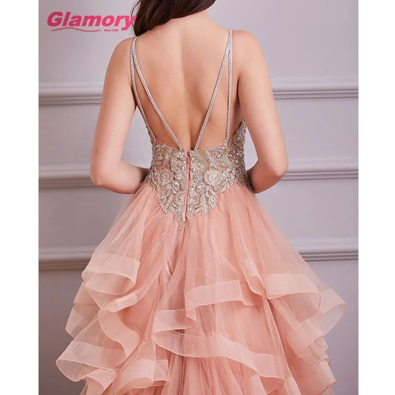 Design 2020 Pink V-Neck Lace Embroidery Dress A-Line Sleeveless Sexy Evening Gowns