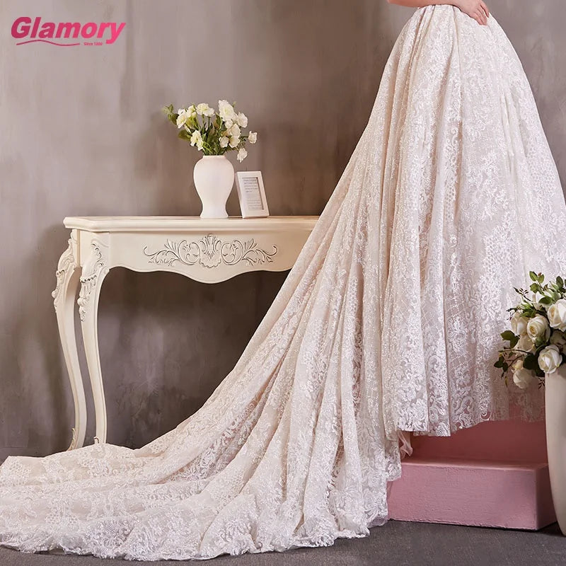 Newest Breast Wedding Dress With Train Gorgeous Lace Luxury Long Off Shoulder Wedding Dress