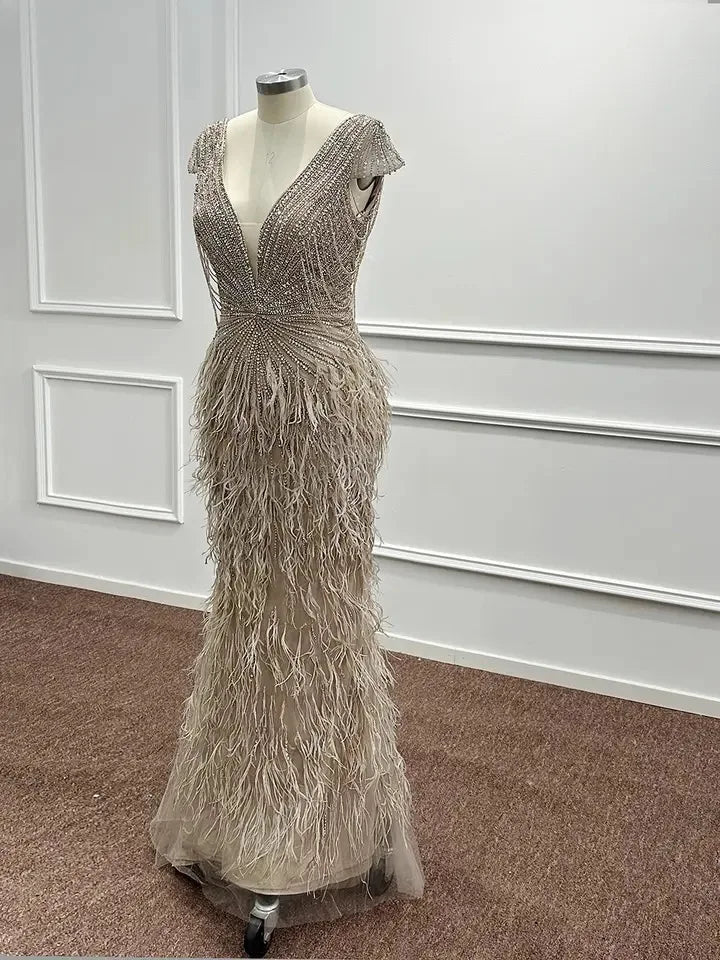 Luxury Dubai Champagne Feathers Evening Dress Mermaid Prom Formal Dress for Women Wedding Party Gown