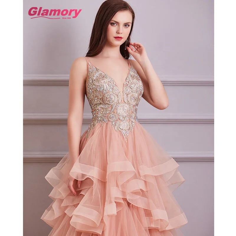 Design 2020 Pink V-Neck Lace Embroidery Dress A-Line Sleeveless Sexy Evening Gowns