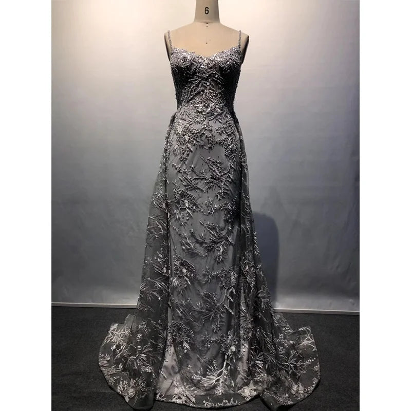 Gray Fashion Style V-Neck Party Gown Sleeveless Beading Embroidery Evening Dresses