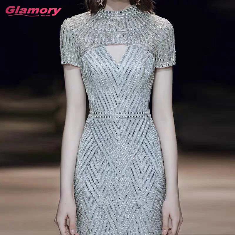 Luxury Beaded Formal Gowns Short Sleeves Trumpet Evening Gown for Muslim Evening Dress