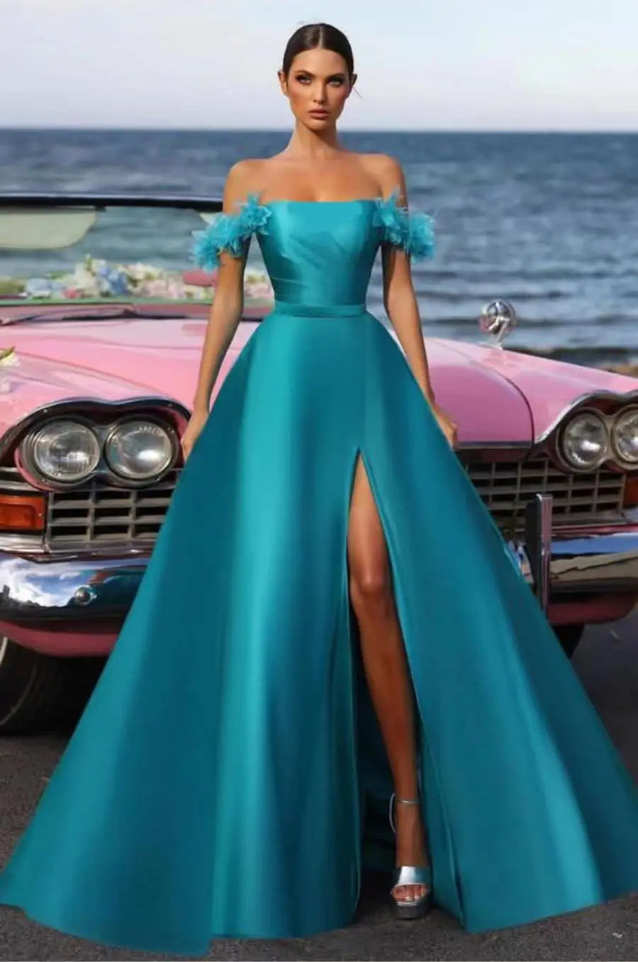 Blue 3D Flower Strapless Natural A-line Sexy High Front Slit Matte Satin Evening Dresses/formal Gowns