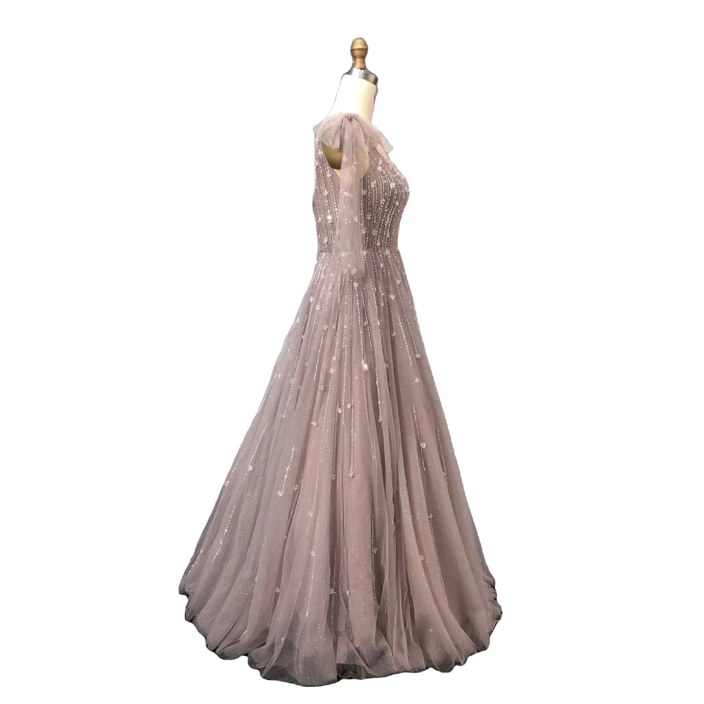 New Style Gorgeous A-line Glitter Tulle Evening Dress Spaghetti Strap With Bow Decoration Crystal Beading Party Gowns