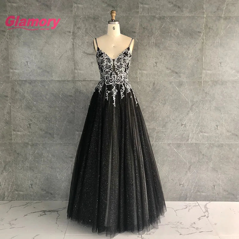 Chaozhou Factory 2020 New Design Lace Applique Spaghetti Strap A-line Black Glitter Tulle Maxi Prom Dress for Banquet
