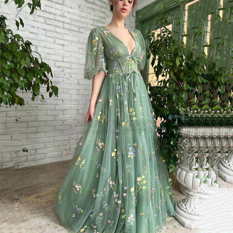 Forest Green Fairy Lace Prom Party Dresses Puff Sleeves A-Line Formal Graduation Gowns Pleat Lace Evening Dance Dress
