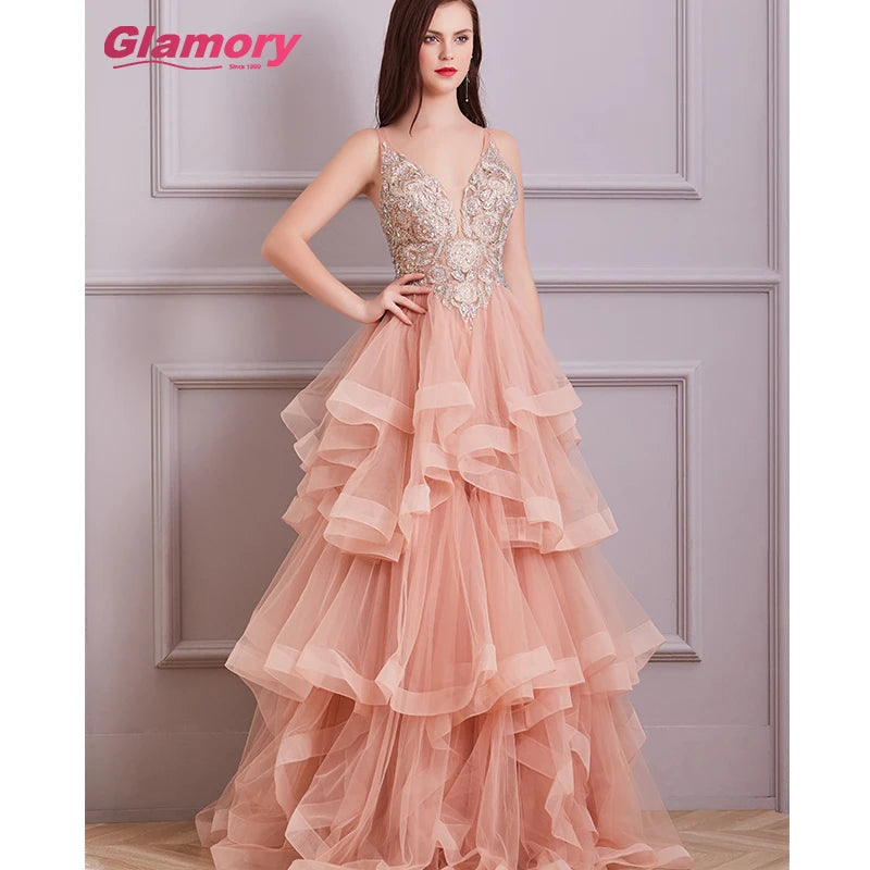 Design 2020 Pink V-Neck Lace Embroidery Dress A-Line Sleeveless Sexy Evening Gowns