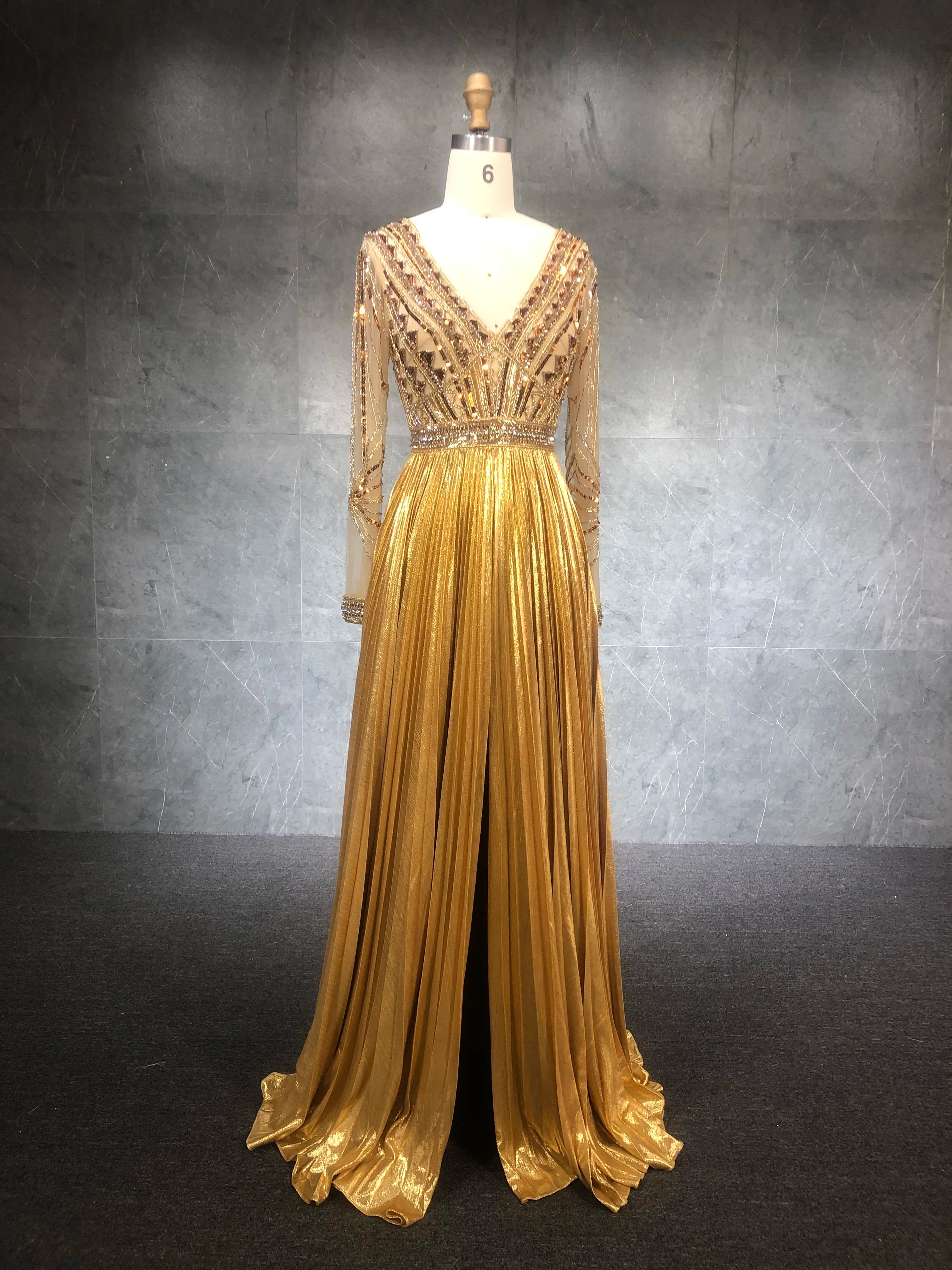 2021 New Collection Luxury Long-Sleeve V-Neck Party Gown for Fat Women Celebrity Sexy Evening Dress