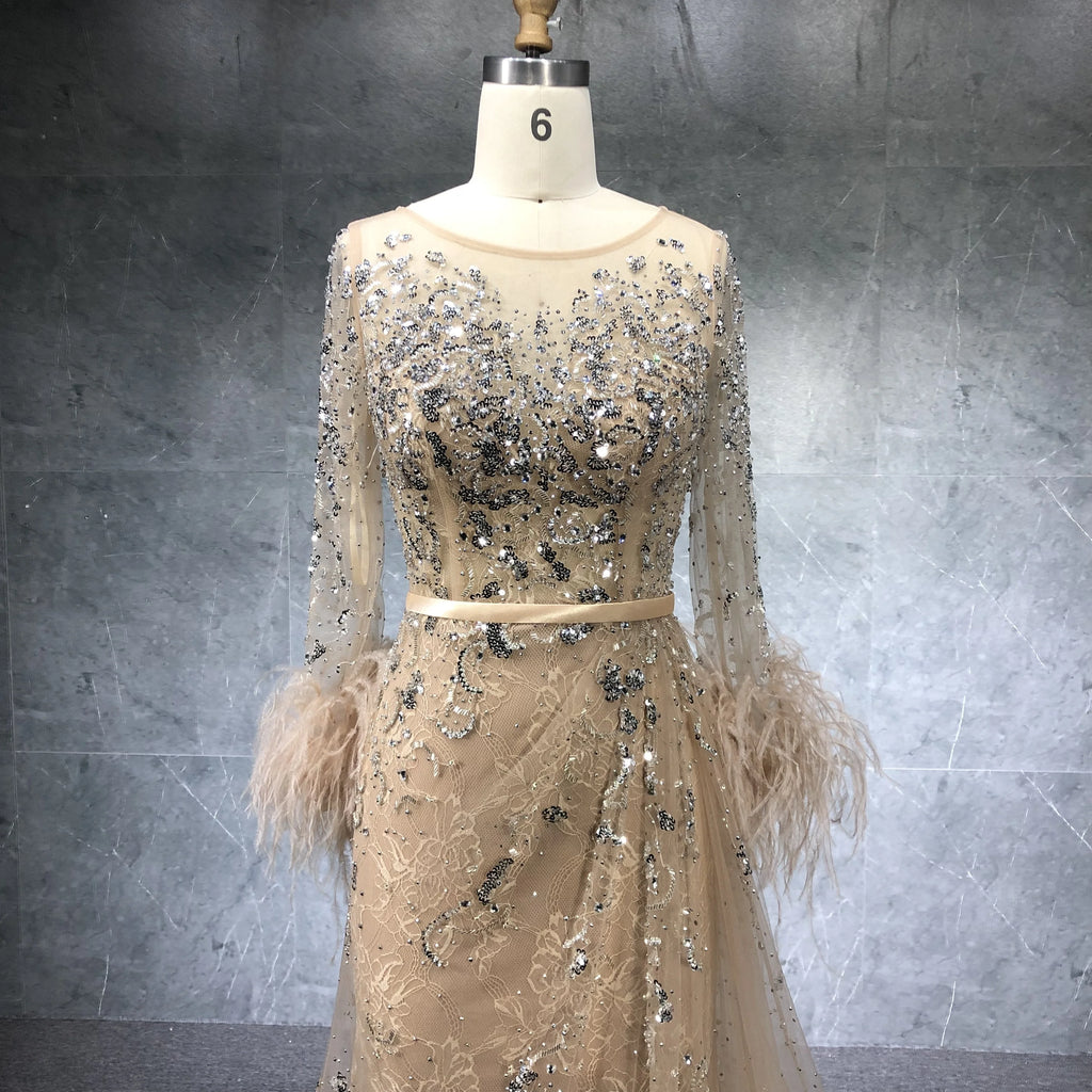 Champagne Long Sleeve Dress Beaded Feather Long Dress Elegant  Party Evening Gowns for Women