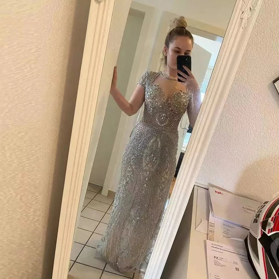 New Luxury Diamond Evening Dresses Gowns Cap Sleeve Mermaid Elegant for Women Party Dresses