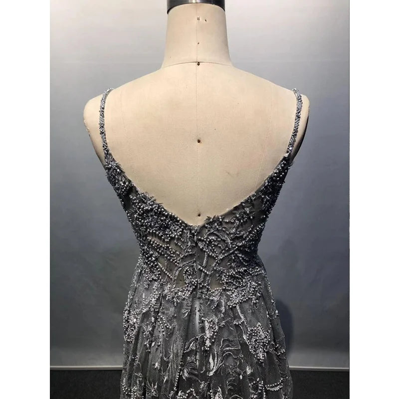 Gray Fashion Style V-Neck Party Gown Sleeveless Beading Embroidery Evening Dresses