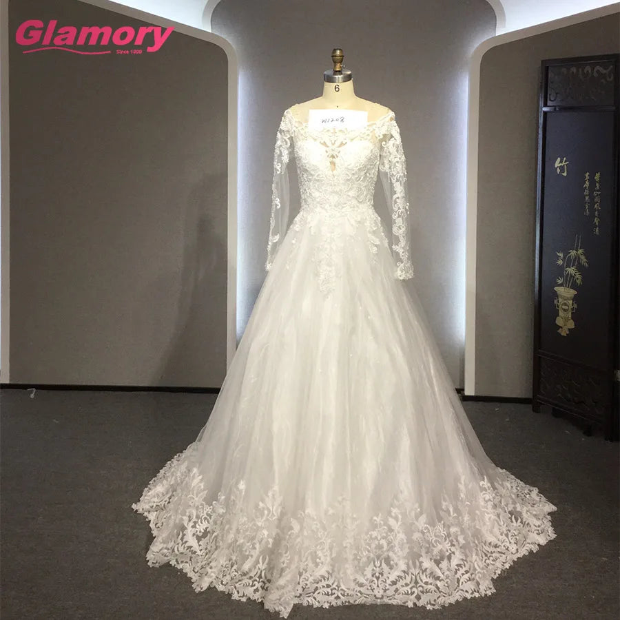 Whit Sleeve Bridal Gowns Lace Beaded With Crystals Bride Plus Size Long Train Wedding Dress