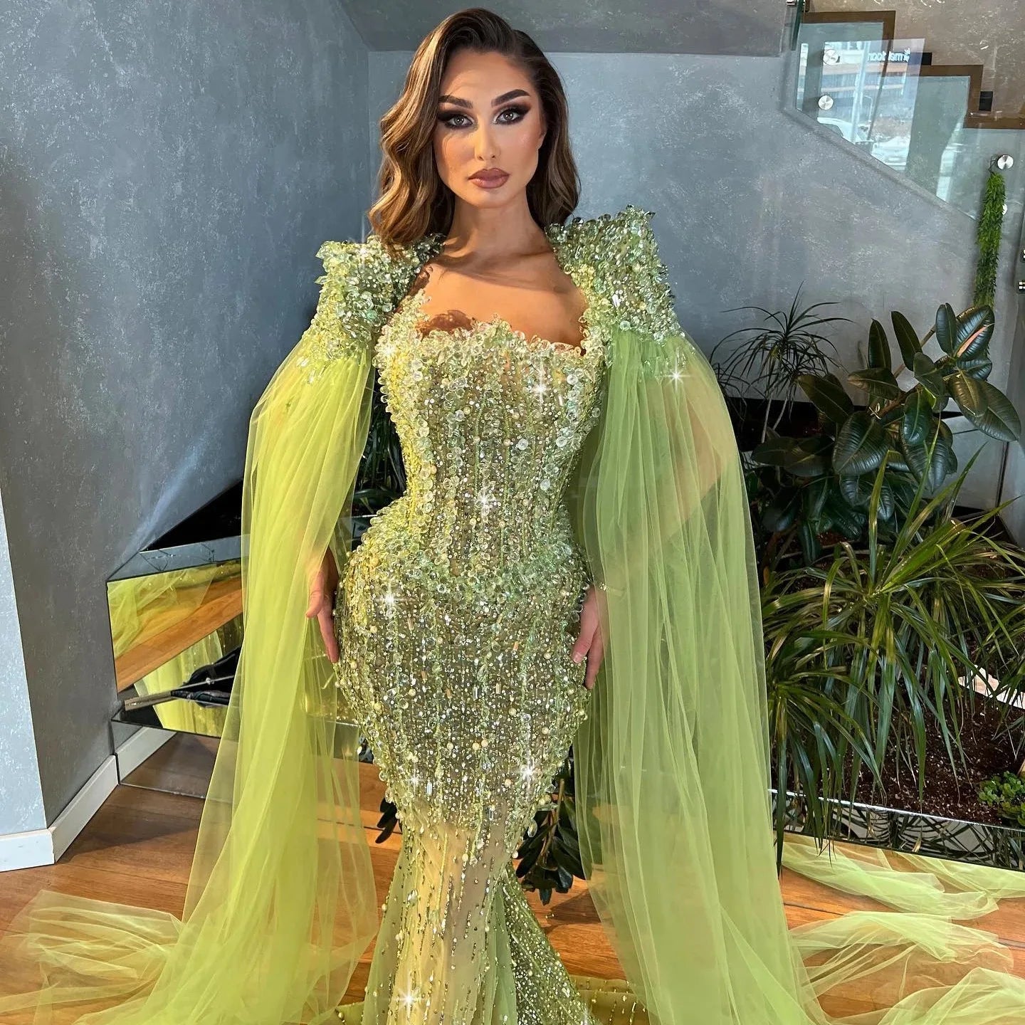 Luxury Beaded Mermaid Lime Green & Blue Evening Dress With Cape Sleeve Arab Women Wedding Party Prom Dress