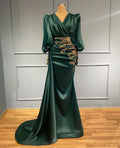 Green  Modest Long Sleeve Satin Evening Dresses Women Mermaid Handmade Beading Evening Gowns