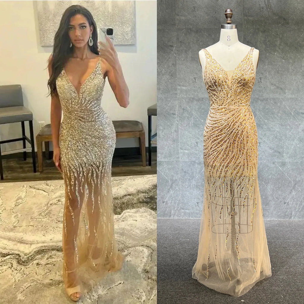 Mermaid Crystal Evening Dresses Luxury Beading Sequined Spaghetti Straps Sexy V Neck Backless Long Formal Party Prom Gowns